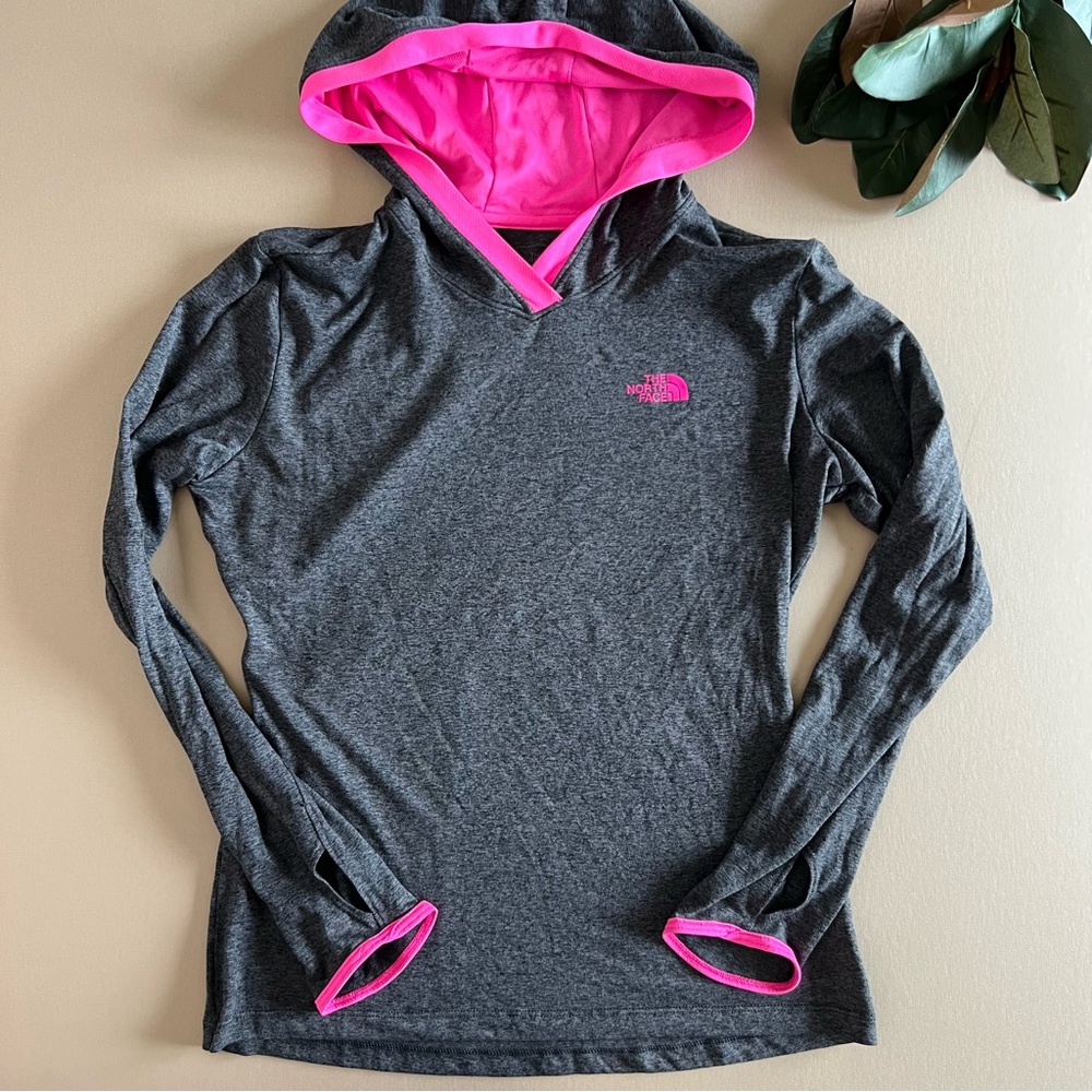 North Face Gray & Neon Pink Long Sleeve Top